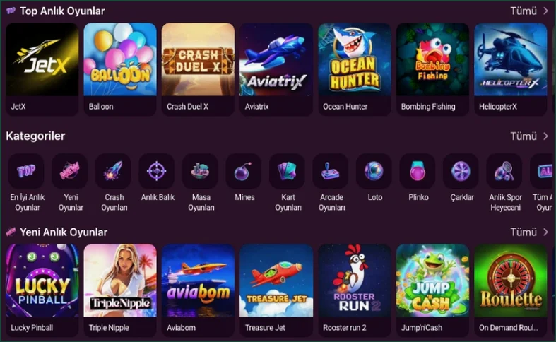 Anlık oyun vitrini Anlık oyunlar vitrininde JetX, Balloon ve Crash Duel X öne çıkıyor; altta Mines, Plinko ve Çarklar simgeleri ile Lucky Pinball, Aviabom, Roulette satırı var