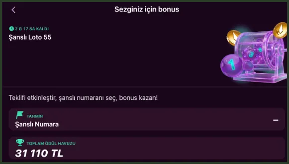 Sezginiz için bonus sayfasında Şanslı Loto 55, 2 G 17 SA KALDI geri sayımı, Şanslı Numara tahmin kutusu ve 31 110 TL ödül havuzu görünüyor