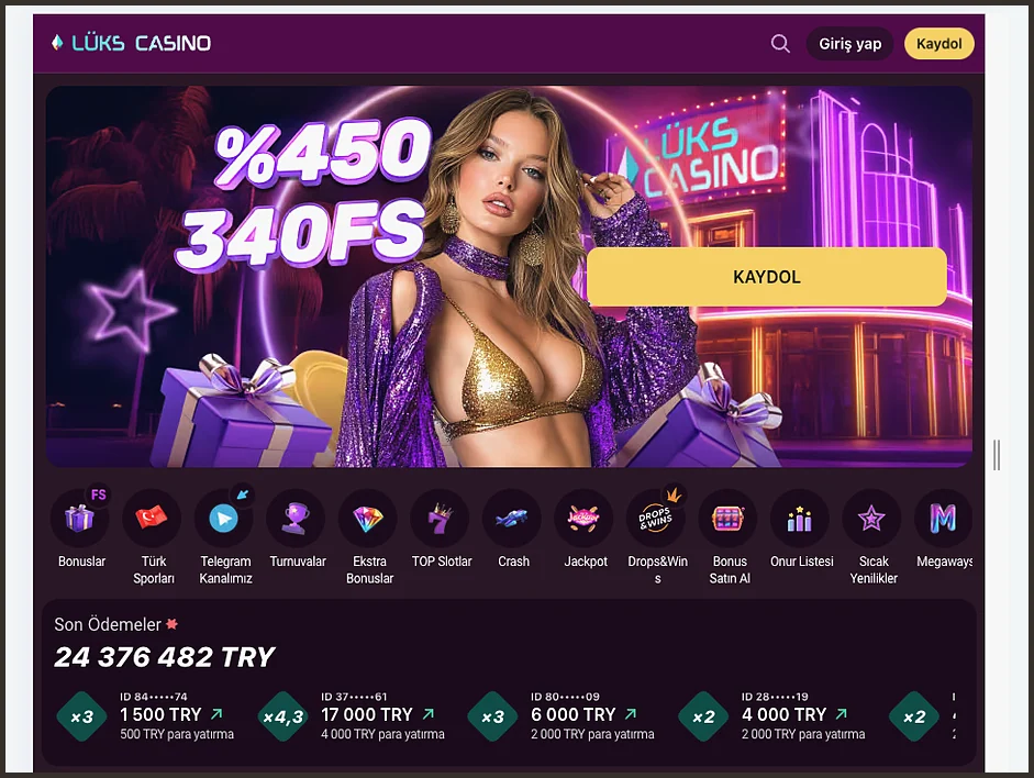 Geniş ana sayfada %450 340FS afişinin altında Son Ödemeler paneli 24 376 482 TRY toplamını ve 1 500 TRY'lik bir ödeme kartını gösteriyor