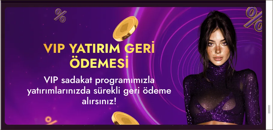 Koyu çerçeveli VIP YATIRIM GERİ ÖDEMESİ tanıtımı sağ kenarda kaydırma çubuğu gösteriyor; arka planda yüzde simgeleri ve altın paralar dizilmiş