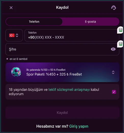 Kaydol penceresinin Telefon sekmesinde Spor Paketi: %450 + 325 ₺ FreeBet seçili, ilk yatırım satırı %150 + 50 ₺ FreeBet, 18 yaş onay kutusu işaretli