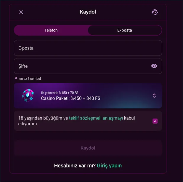 E-posta sekmesindeki kayıt formunda Casino Paketi için %450 + 340 FS seçeneği işaretli ve 18+ onay kutusu formun altında duruyor