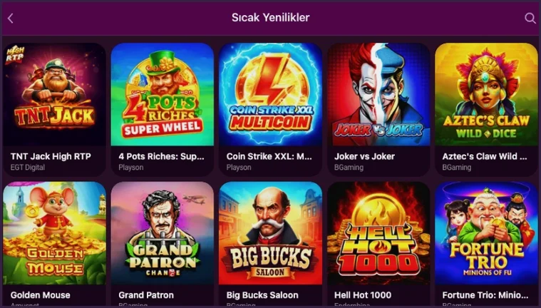 Sıcak Yenilikler kategorisi bir oyun listesi açıyor: TNT Jack High RTP, Coin Strike XXL, Joker vs Joker, Golden Mouse ve Hell Hot 1000 gibi başlıklar