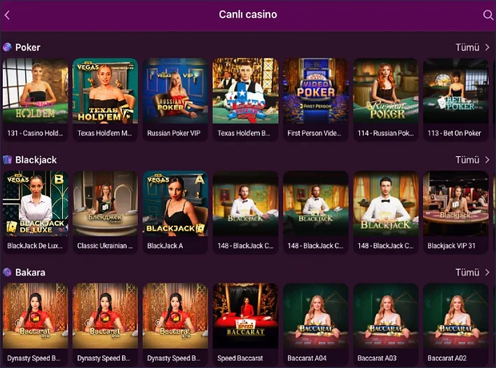 Canlı masalar bölümünde Poker satırında Texas Hold'em ve Russian Poker VIP, Blackjack satırında BlackJack De Luxe, Bakara satırında Speed Baccarat bulunuyor