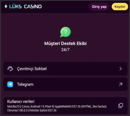 Mobil destek sayfası Telefondaki destek sayfasında Müşteri Destek Ekibi 24/7 başlığı, Çevrimiçi Sohbet ile Telegram satırları ve Kullanıcı verileri kutusu yer alıyor